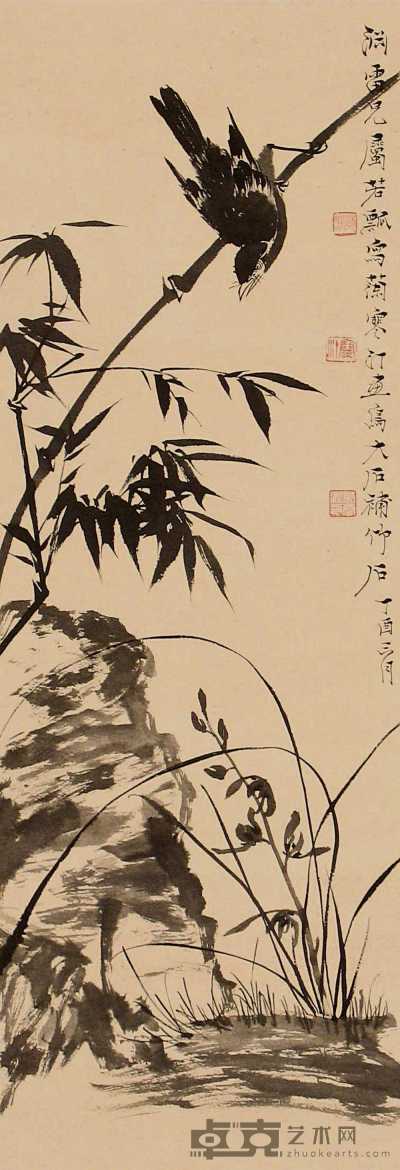 江寒汀 唐云 若瓢 丁酉（1957年）作 竹鸟 立轴 96×33cm